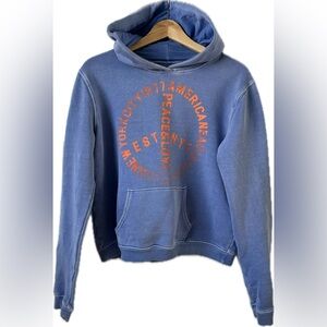 American Eagle Outfitters Blue Hoodie with Orange Peace & Love Design